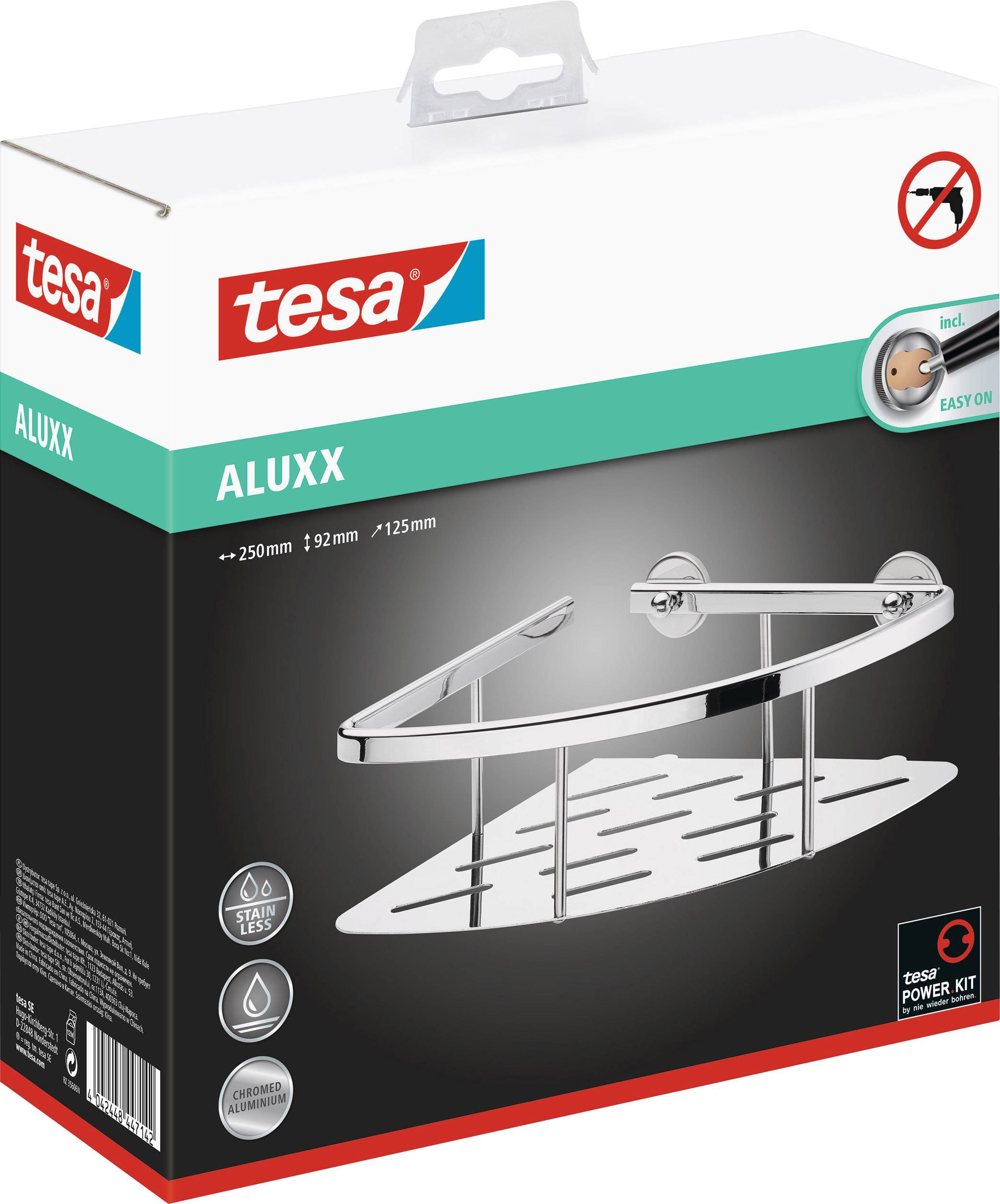 Packaging for a tesa ALUXX corner shelf. Shows a silver shower shelf with adhesive mounting. Includes mounting kit.