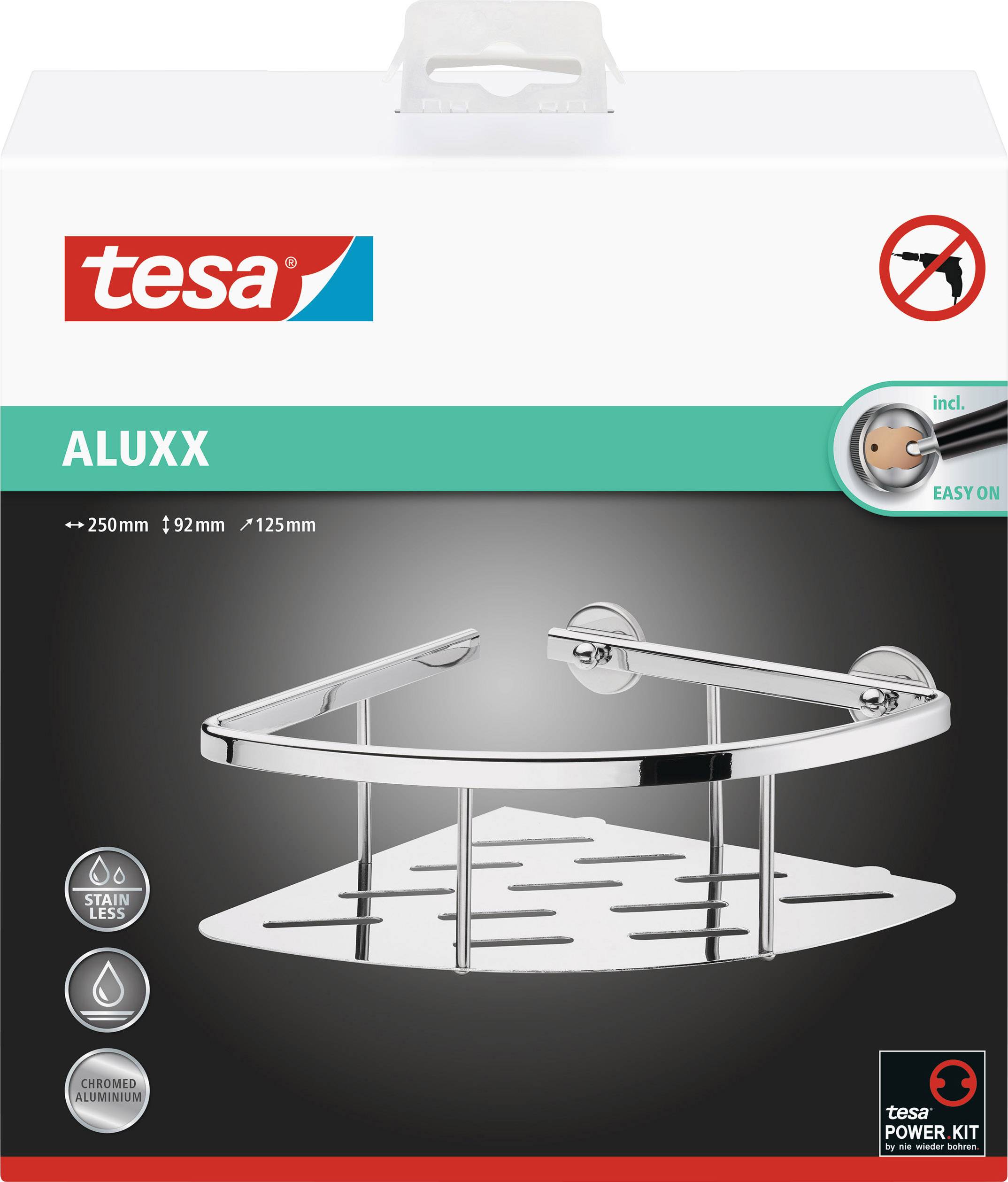 Corner shower basket made of chrome-plated metal with mounting set. Dimensions: 250 mm x 92 mm x 125 mm. Stainless steel appearance, easy to install without drilling.