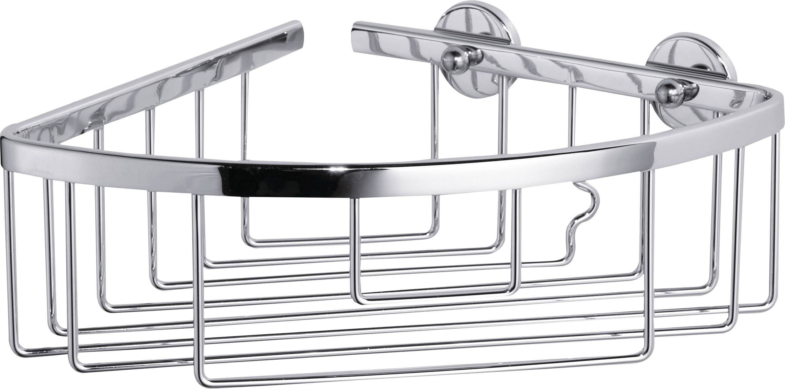 Square, chrome-plated shower shelf for wall mounting, consisting of two mounting brackets and a wire basket for shower accessories.