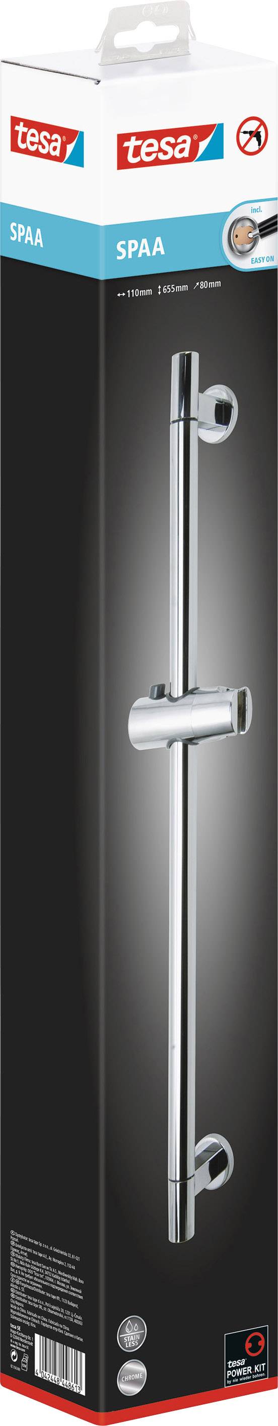 Adjustable shower curtain rod in silver colour, packaged in a black and blue Tesa box, with tool-free installation instructions.