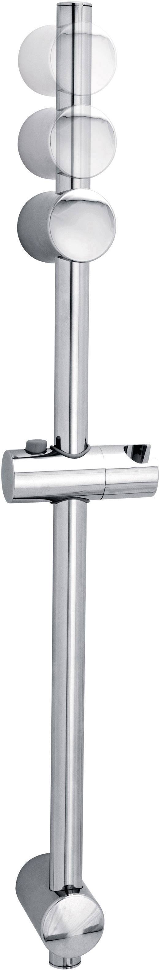 Shower system with an adjustable rail and three round shower heads at graduated heights. Silver metal, modern design.