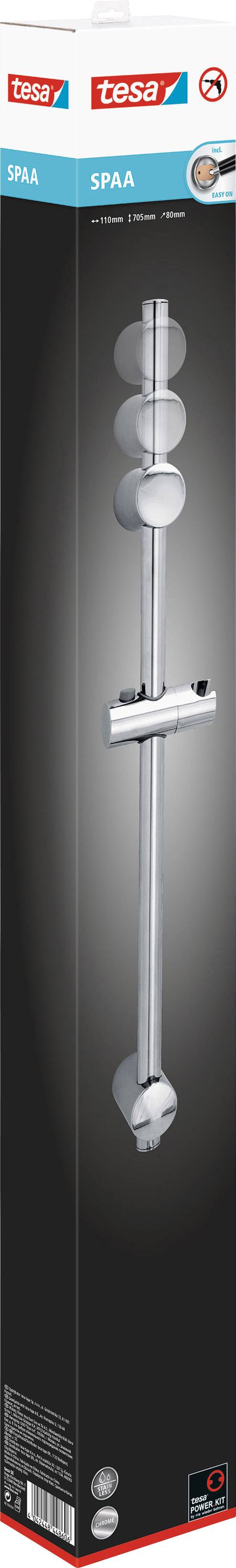 Packaging for a Tesa shower curtain rod from the 'Spaa' series, silver-coloured, with a mounting system. Suitable for use in the bathroom.