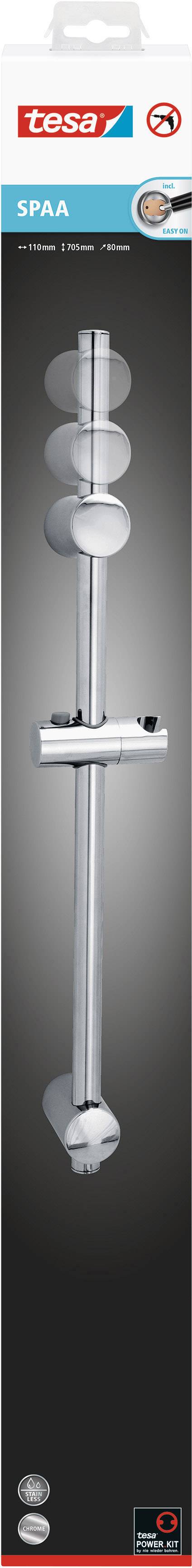 Shower system with adjustable holders and shelves. Sleek, modern design in silver and grey. Packaging marked with 'tesa' and 'SPAA' branding.