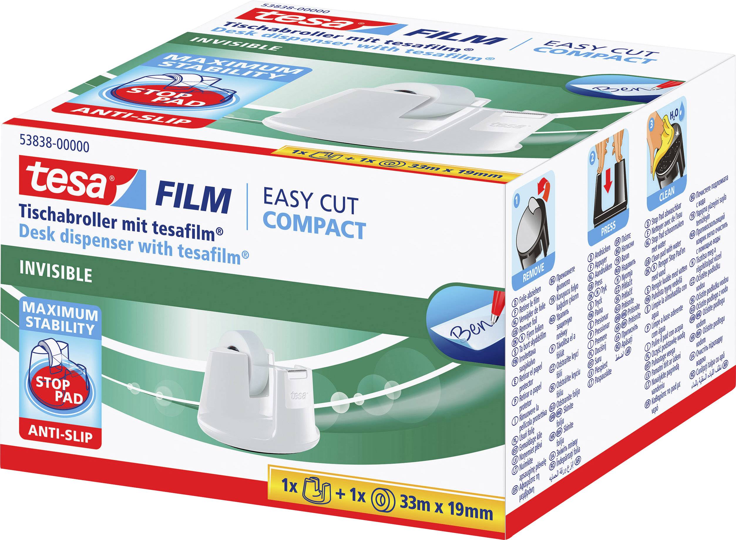Packaging for a desk tape dispenser with Tesa film, invisible adhesive tape, non-slip base, easy tearing, 33m x 19mm.