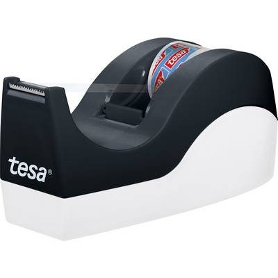 A black and white tape dispenser with a Tesa roll, ready for use.