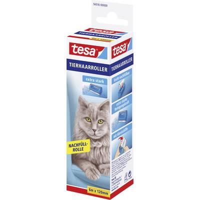 Packaging of a Tesa pet hair roller with an image of a cat. Descriptions: 'extra strong', 'easy to tear off', 'refill roll'.