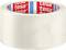 Transparent adhesive tape on a roll; 'tesa' written on a red background inside. Suitable for packaging and sealing.