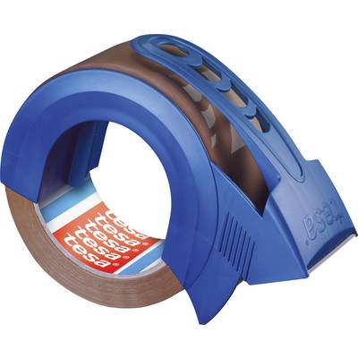 A tape dispenser with a blue casing, showing brown adhesive tape and red labels inside.