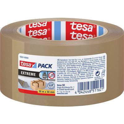 A roll of brown packaging tape from 'tesa' with a label showing 'EXTREME'. Packaged for heavy parcels up to 50 metres x 50 mm.