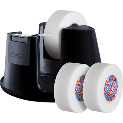 Black desk tape dispenser with three adhesive rolls, two are loose and one is loaded. 'tesa' brand name on dispenser and rolls.