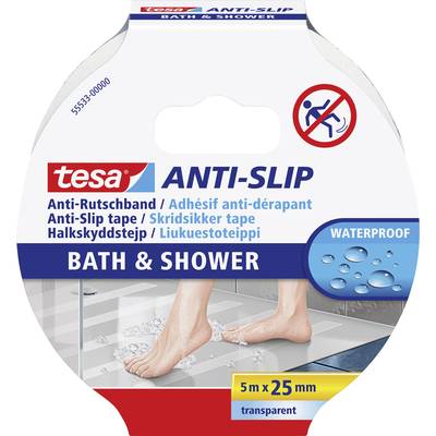 Packaging for 'tesa Anti-Slip Bath & Shower', 5 m x 25 mm, non-slip tape for shower and bath, waterproof, with illustration of feet on a wet surface.