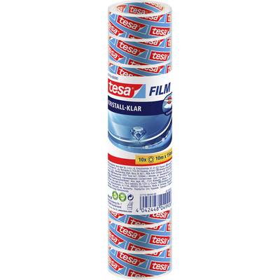 Several rolls of Tesa Crystal Clear Adhesive Tape, 10 metres long and 15 mm wide, stacked. Packaging displays brand logo and details.