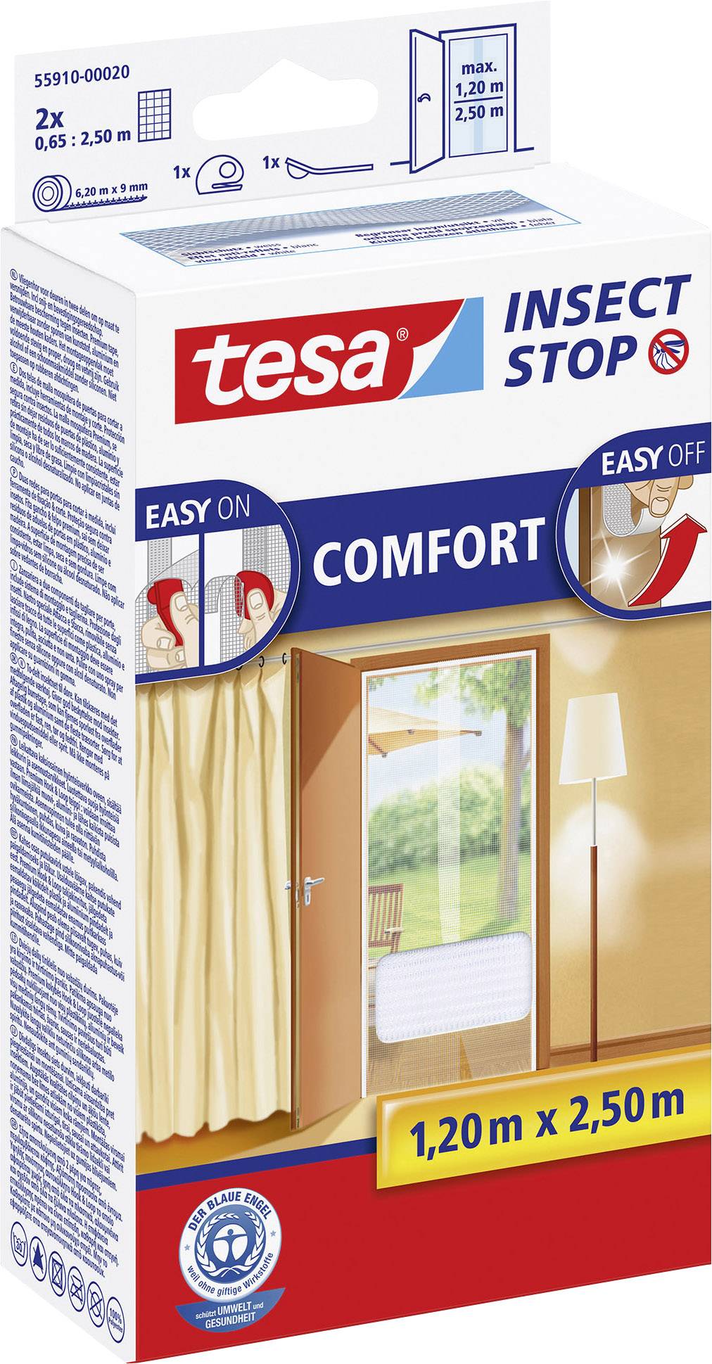 Packaging for Tesa Insect Stop Comfort with illustrations showing how to attach an insect screen to a door. Dimensions: 1.20 m x 2.50 m.