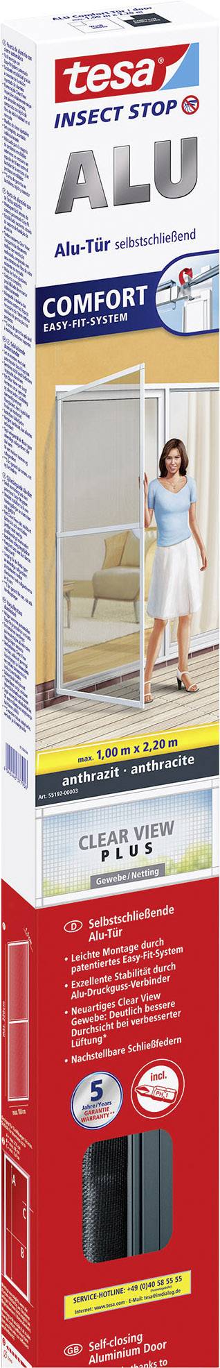 Packaging of a Tesa aluminium telescopic fly screen for doors, showing a woman during installation, emphasising easy assembly and clear visibility.