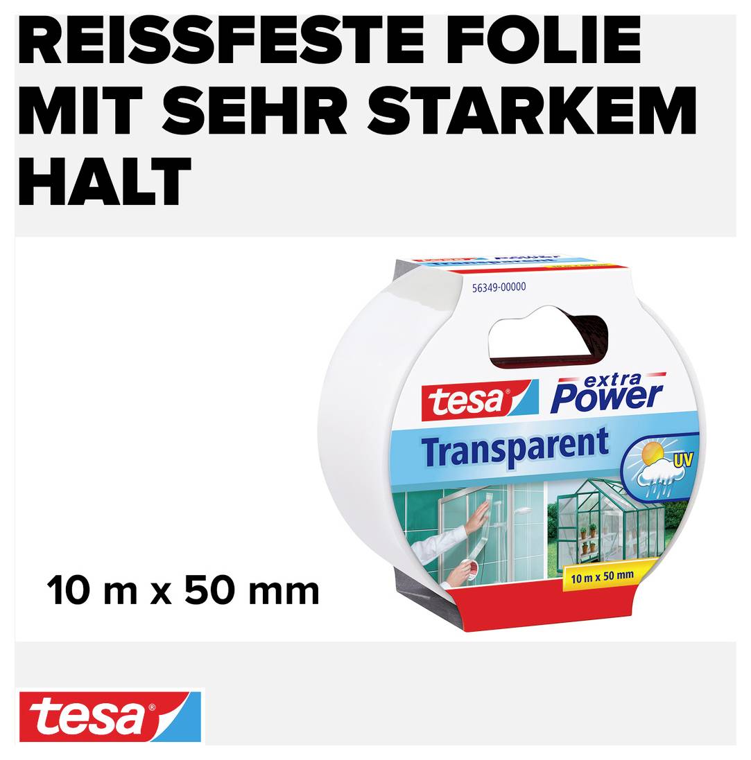 'Tear-resistant film with extremely strong adhesion.' Packaging for Tesa film transparent adhesive tape roll, 10 m x 50 mm, suitable for various applications.
