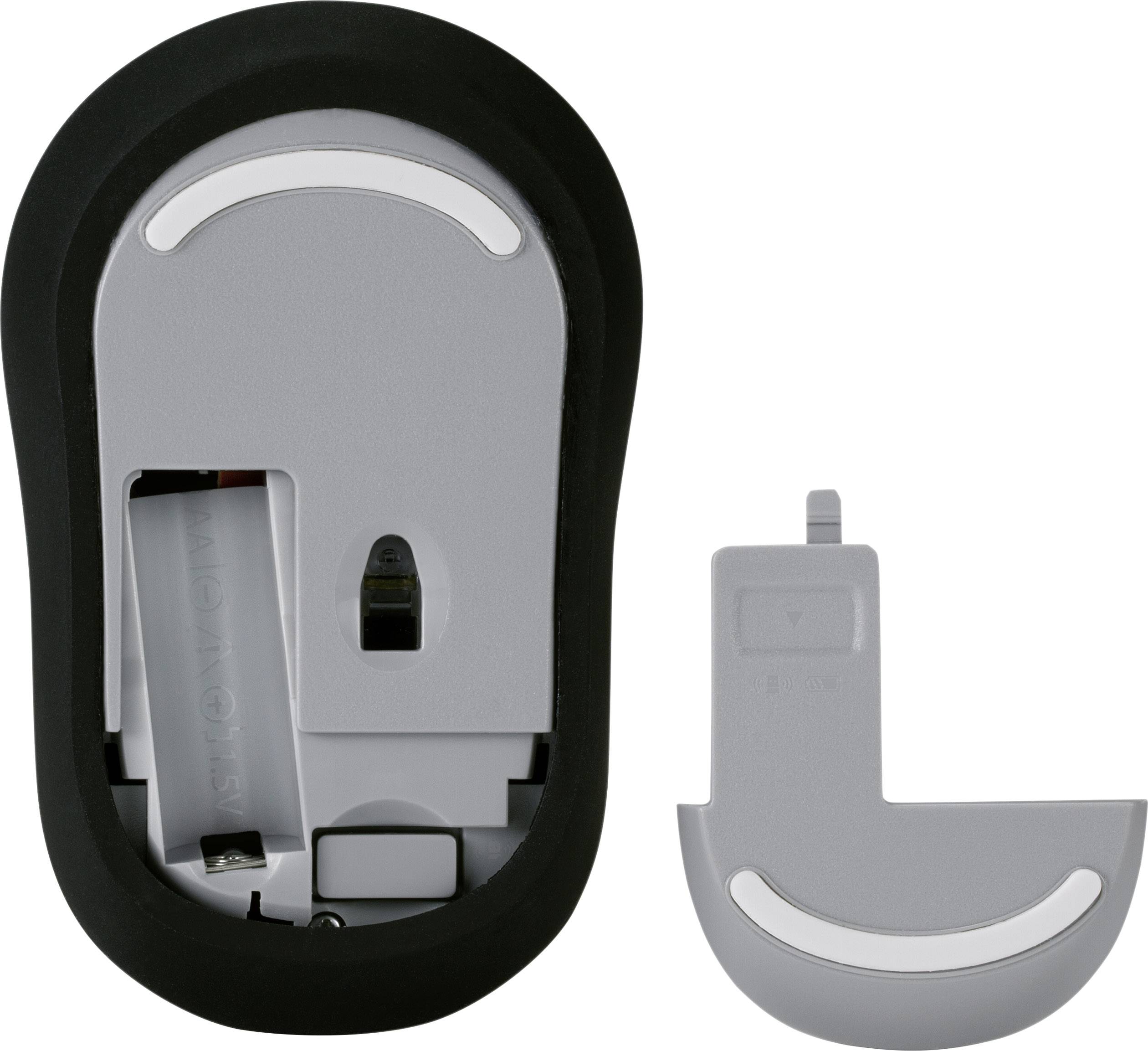 'Rear view of a computer mouse without its cover, with the battery compartment lid shown separately, battery compartment visible.'