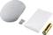 Wireless white mouse with USB receiver and battery. A white cleaning cloth lies next to it on the right.