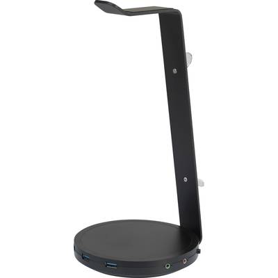 Headphone stand with a round base, featuring USB ports and audio connections on the front.
