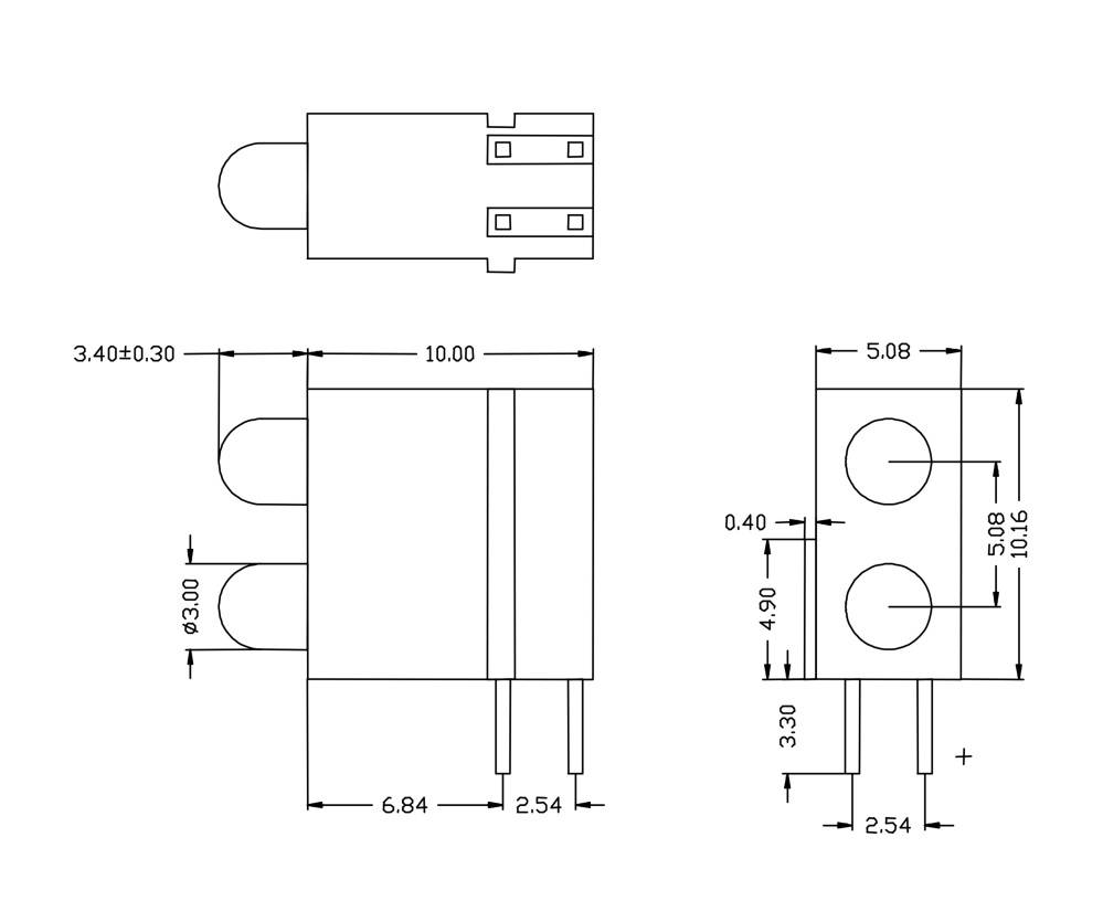 Technical drawing of an electrical connector with dimensions in millimetres. Shows front view, side view, and top view.