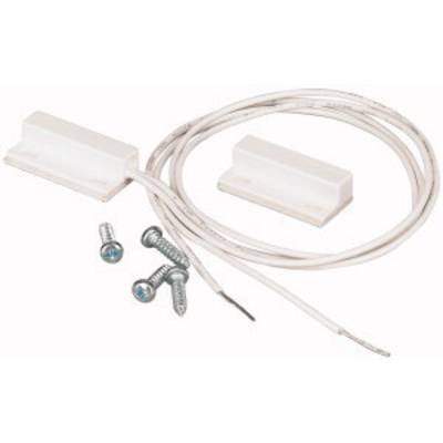 A magnet sensor set consisting of two white sensors with cables and four screws, suitable for mounting.