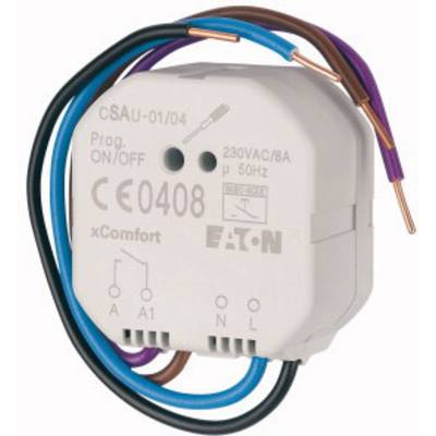 A small, white control unit with exposed cables, labelled 'Eaton' and featuring technical specifications for electrical installations.