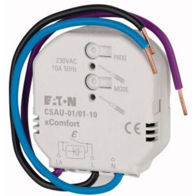 A white electrical device with the inscription 'Eaton CSAU-01/01-10 xComfort' and coloured cables for electrical connection purposes.