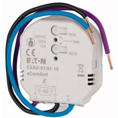 A white xComfort receiver with model number CSAU-01/01-10. It has five connections and is suitable for 230VAC, 50Hz, 10A.