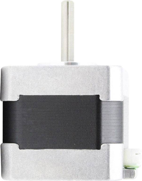 A compact step motor with a silver metal casing and black central section. A metal shaft is visible on top.