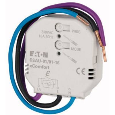 A white electrical module with the inscription 'Eaton CSAU-01/01-16 xComfort', connected with five coloured cables: blue, purple, black, brown and orange.