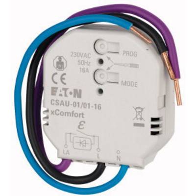 A white electrical switch with colourful cables and printed markings. Displays 'EATON CSAU-01/01-16 xComfort', with control elements.