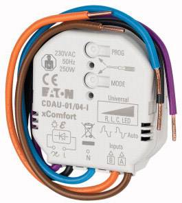 Electrical module with colourful cables, labelled 'Eaton', 230VAC, 50Hz, 250W. Symbols for inputs, outputs, and programming modes.