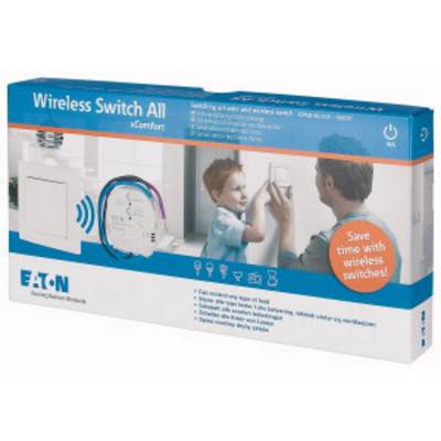 Packaging for Eaton's 'Wireless Switch All' cordless switch system, showing a man installing the device on a wall.