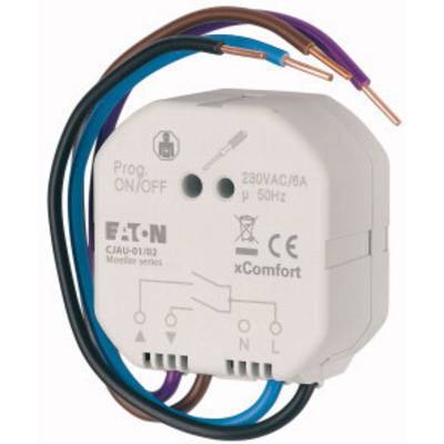 A white xComfort EATON module with multiple cables. Label shows '230VAC/6A', suitable for electronic installations.