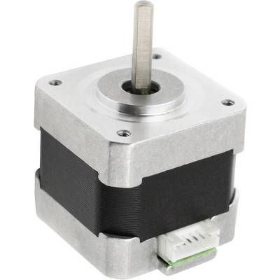 A small stepper motor in a metal casing with a visible shaft and electrical connection socket, used in precision equipment.