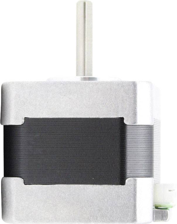 Stepper motor with a silver metal casing and a black stripe in the middle, with a vertical shaft at the top.