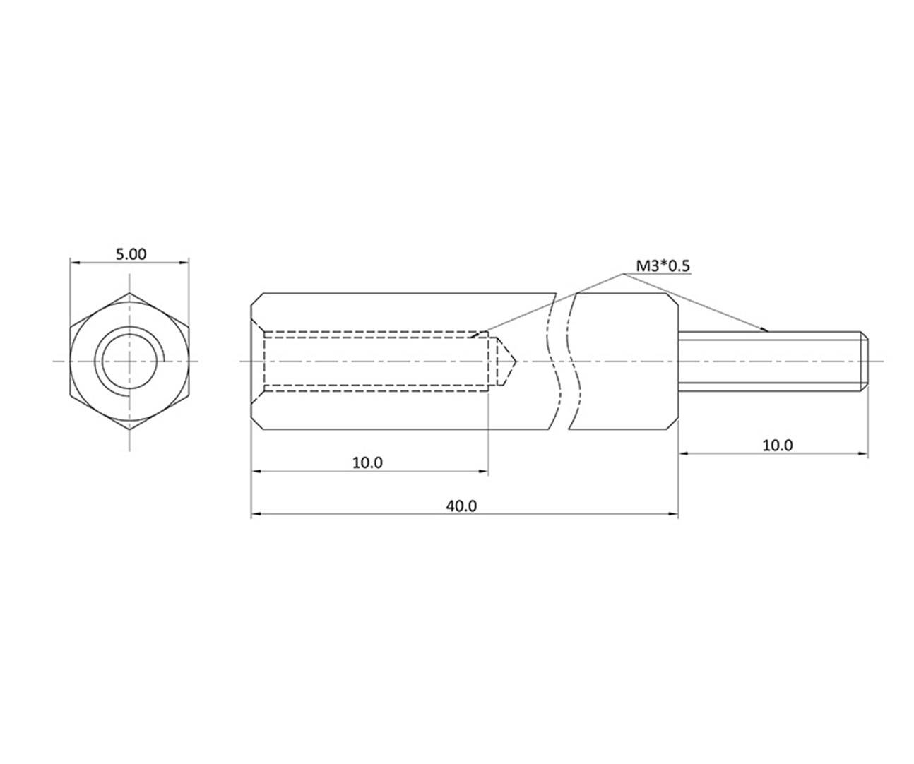 Technical drawing of a cylindrical component with dimensions: length 40 mm, width 10 mm, hexagonal head with 5 mm diameter.