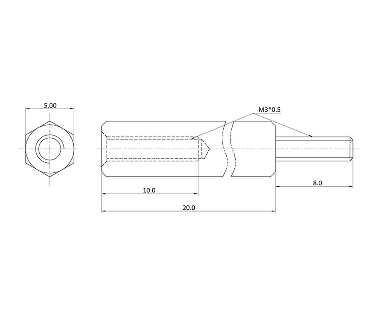Technical drawing of a hexagonal screw head with dimensions: length 20 mm, width 10 mm, thread M3x0.5, diameter 5 mm.