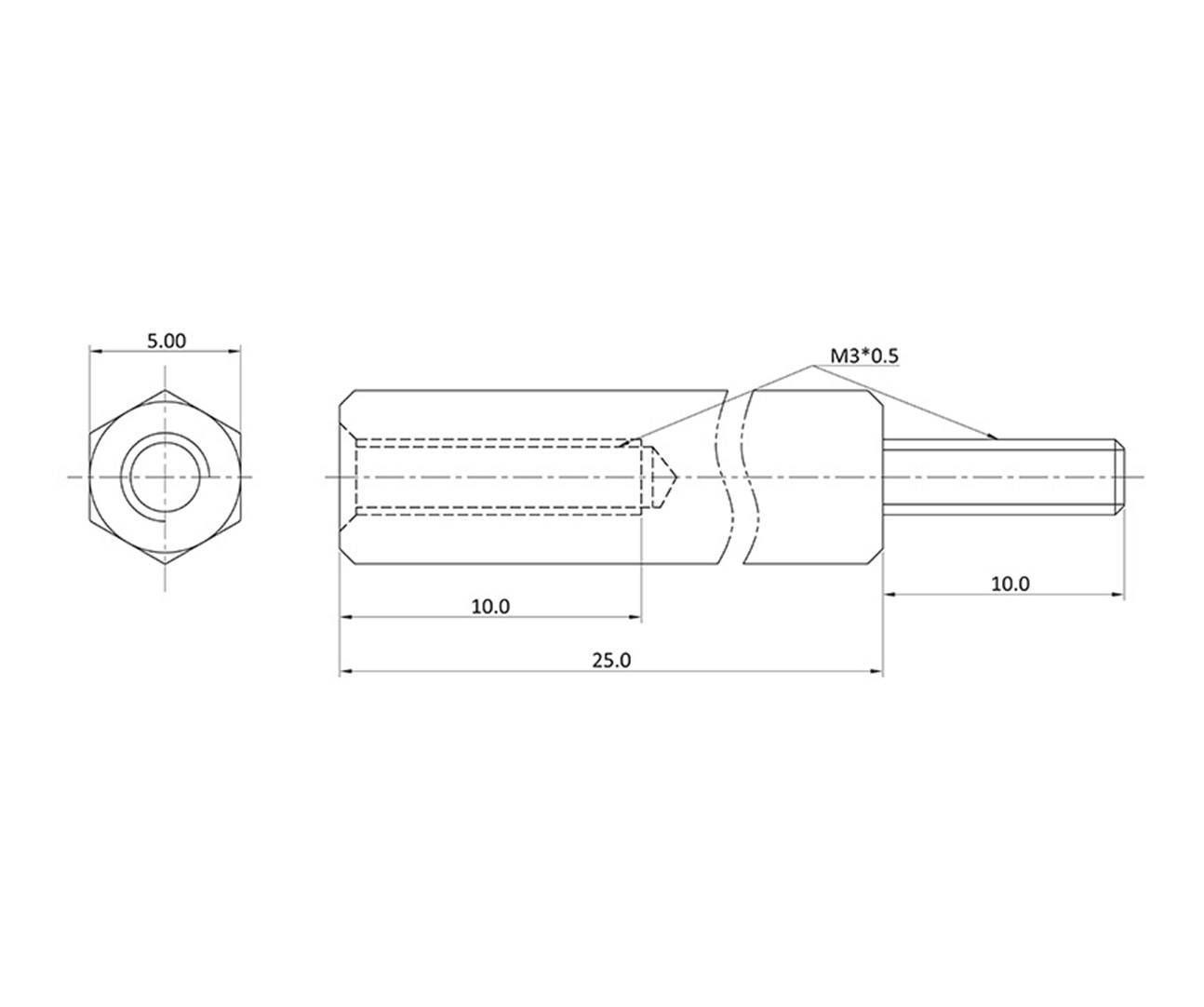 Technical drawing of a cylinder screw head. Main view shows dimensions: 25.0 mm length, 10.0 mm width, M3*0.5 thread.