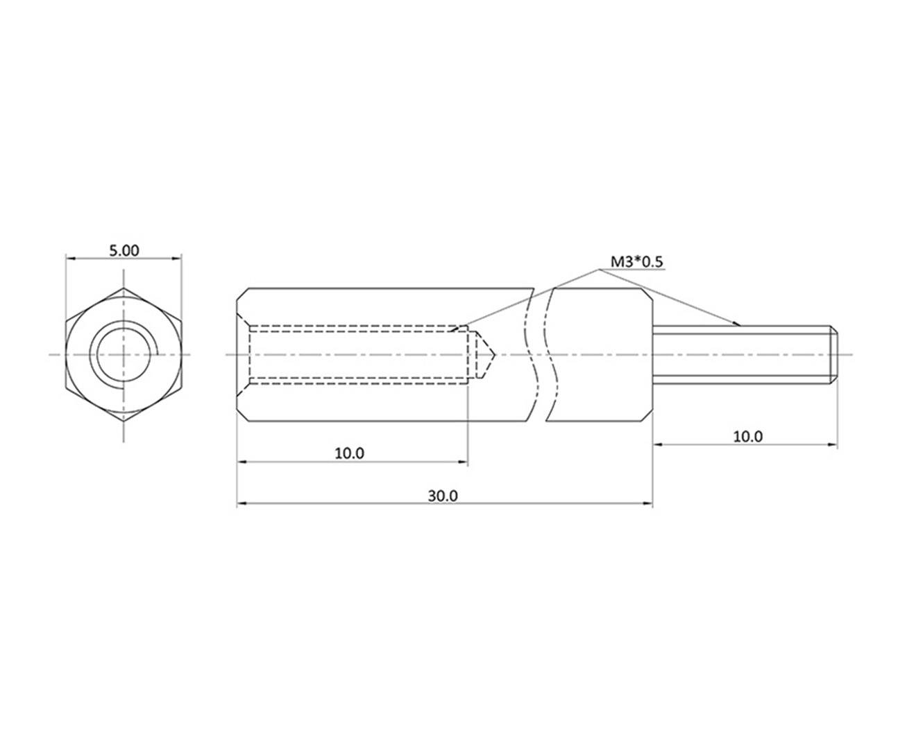 Technical drawing of a cylindrical metal object with a hexagonal head. Dimensions: 30 mm length, 10 mm width, M3*0.5 thread.