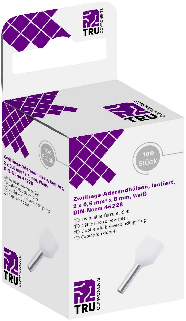 Package of 100 white insulated twin wire end ferrules, 0.5 mm² x 8 mm, in accordance with DIN standard 46228 by TRU Components.