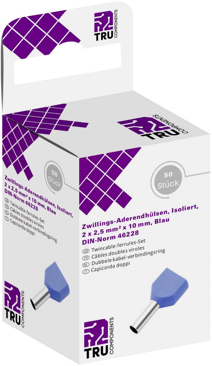 Packet of 50 blue twin wire end ferrules, insulated, 2 x 2.5 mm² x 10 mm, in accordance with DIN standard 46228.