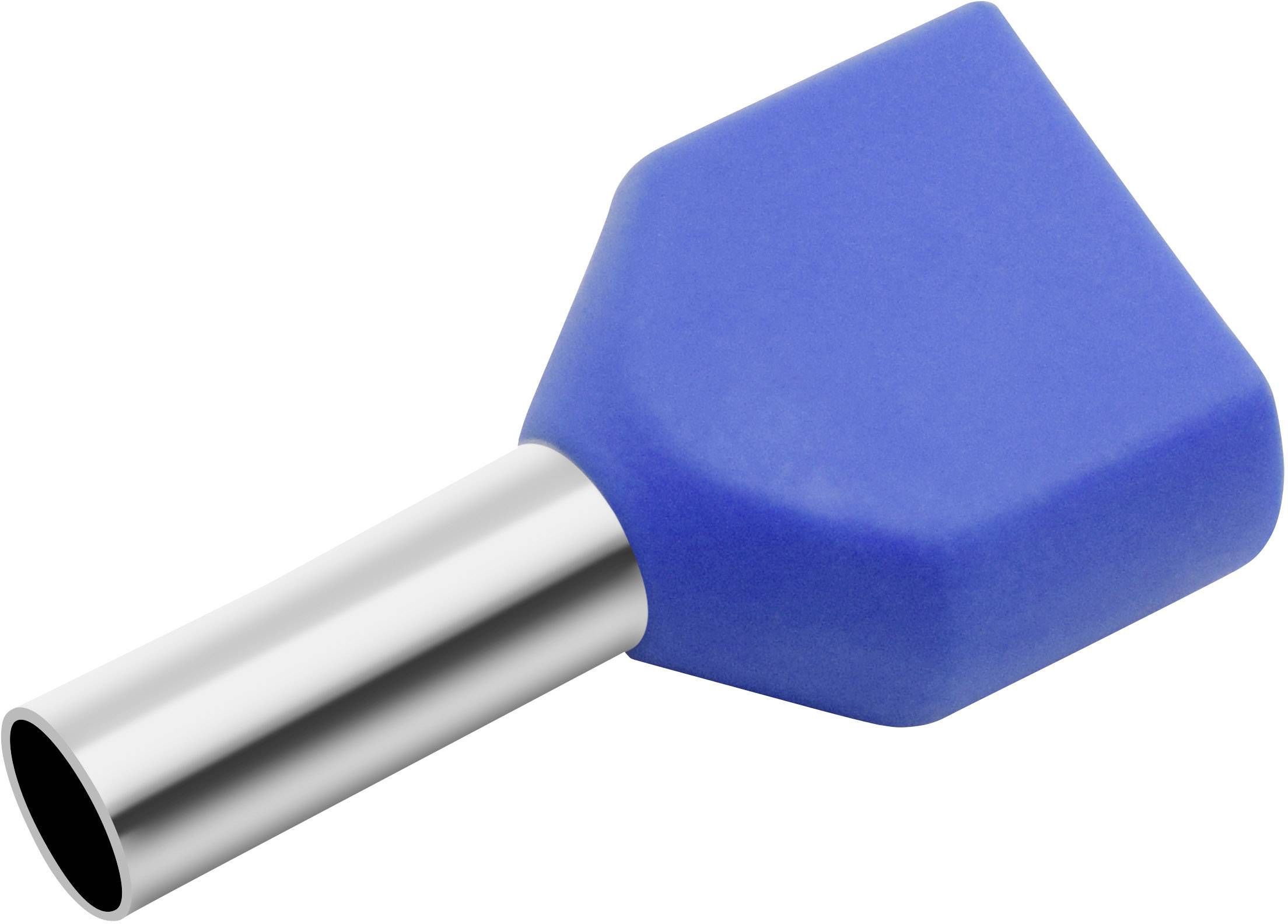 A blue cable end ferrule connector with a metal tube. Primarily used for securely connecting electrical conductors.