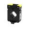 Current transformer with rectangular opening, black housing and yellow accents. Designed for electrical applications and measurements.