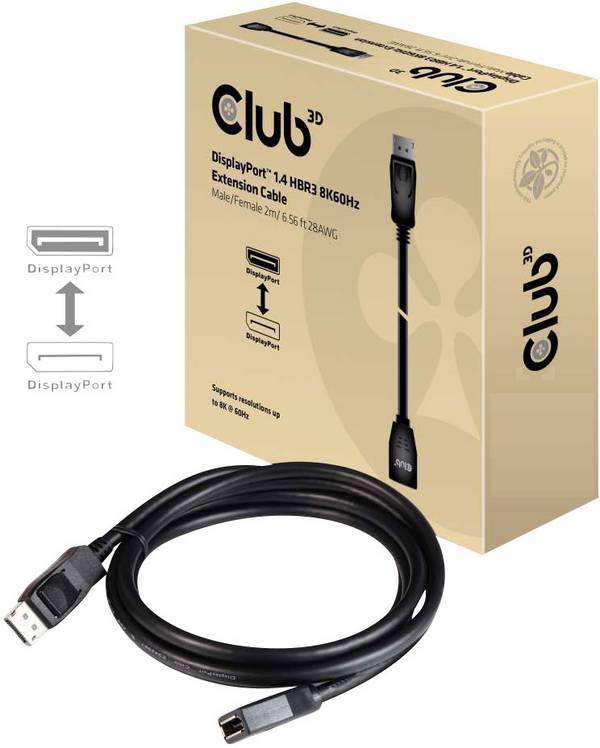 club3D DisplayPort Cable extension DisplayPort plug, DisplayPort socket 2.00 m Black CAC-1022 DisplayPort cable