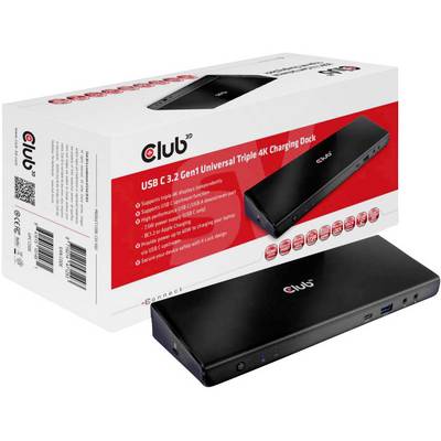 USB C 3.2 Gen1 Universal Triple 4K Charging Dock in black with connections for USB-C, HDMI, DisplayPort and three 4K displays. Packaging shows product details and specifications.