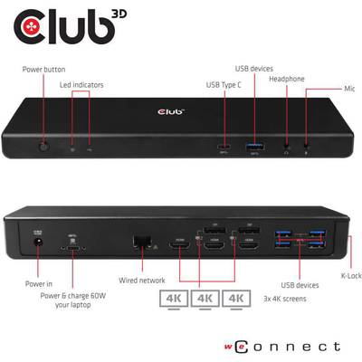 Docking station by Club 3D with ports: Power, USB Type C, HDMI for 3x 4K displays, USB devices, headphones, network, mic.