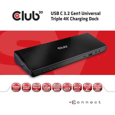 USB-C Docking Station with Triple 4K Display Support, Multiple USB Ports, Ethernet, Audio Output and Charging Functionality.
