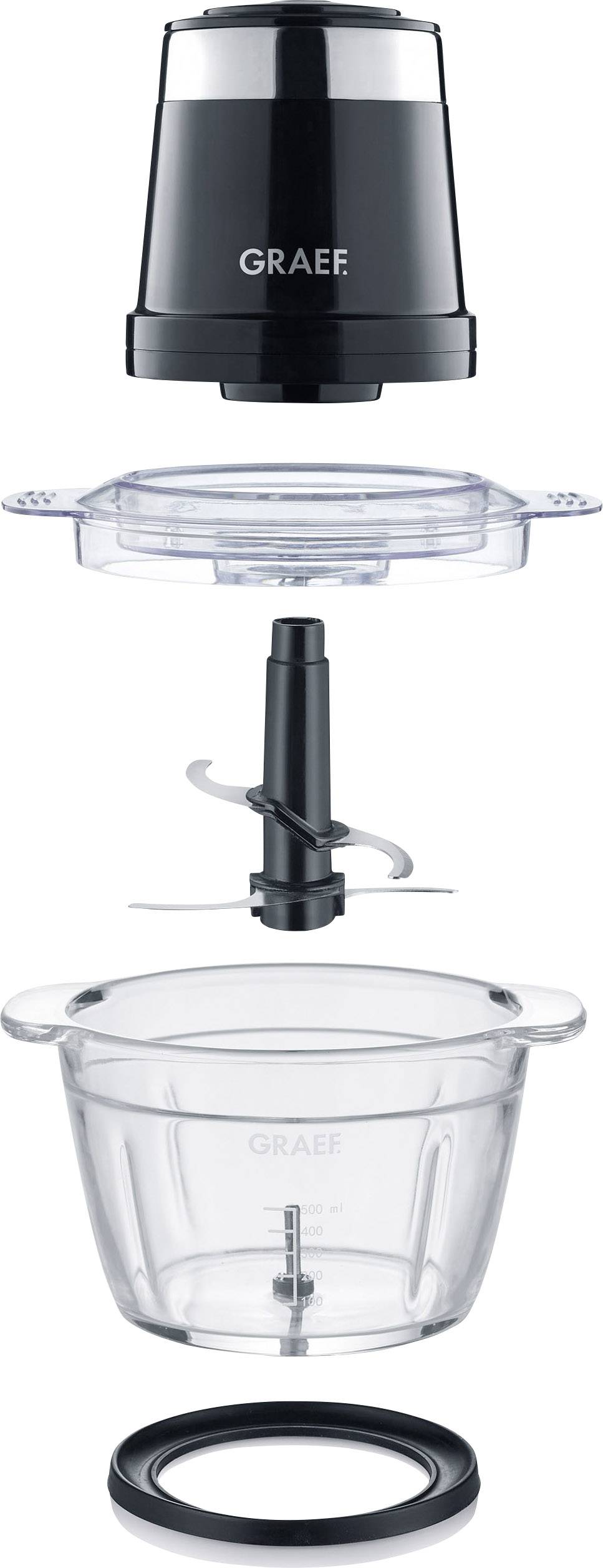 Exploded view of a kitchen blender with lid, blades, and container shown as separate components. Key parts include the motor, blades, and bowl.