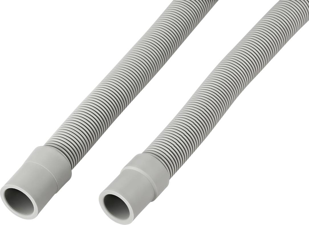 Grey, flexible hose with corrugations, fitted with smooth couplings at both ends, lies against a white background.