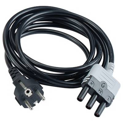 Black network cable with EU plug and triple female socket for electronic devices.